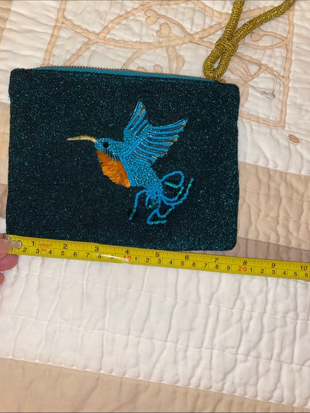 Vintage Teal Beaded Clutch with Embroidered Hummingbird
